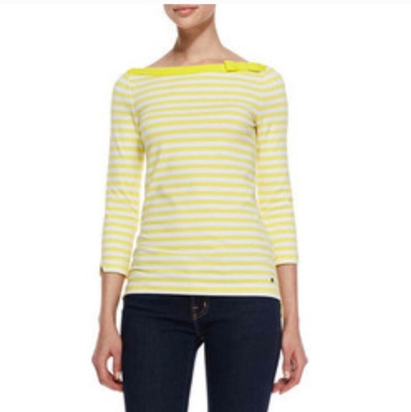 Kate Spade Women's Devon 3/4 Sleeve bow tie Striped Top Yellow White cotton Sz S - Picture 1 of 9